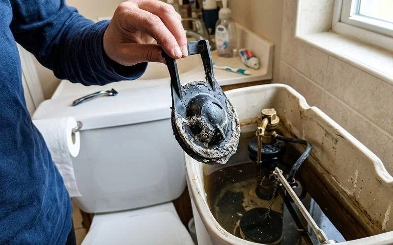 Worn toilet flapper with mineral deposits on the sealing edge