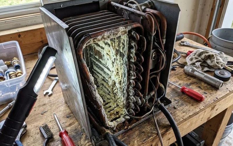 Mineral scale coating the narrow passages of a tankless heat exchanger