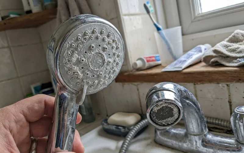 White mineral crust layered on a bathroom faucet aerator and shower head