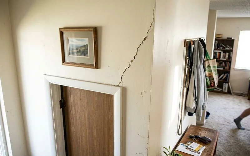 Diagonal crack running through interior drywall above a doorway