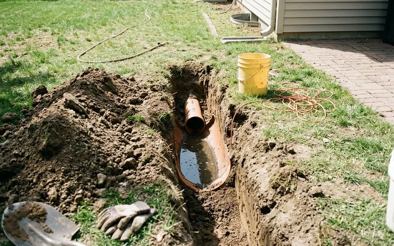 Sagging sewer lateral holding standing water in a belly under a yard