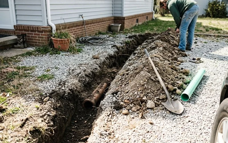 Excavated trench across a front yard exposing an old clay sewer lateral
