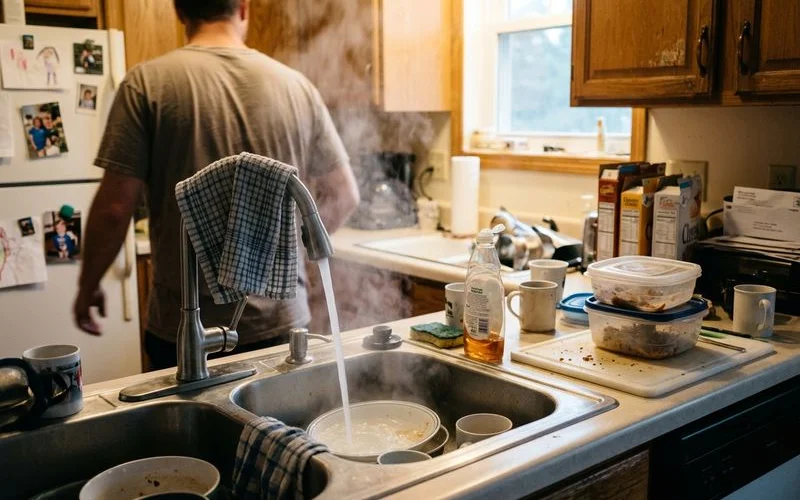 Family kitchen with hot water running into a sink full of dishes