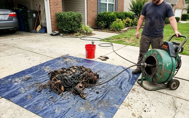 Grease and root buildup pulled from a drain line onto a tarp