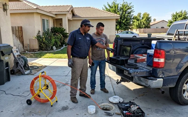 Homebuyer and plumber reviewing a sewer camera monitor at a house for sale