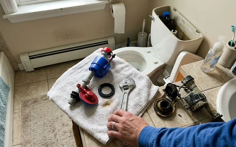 New fill valve and flapper parts laid out beside a toilet during a tank rebuild