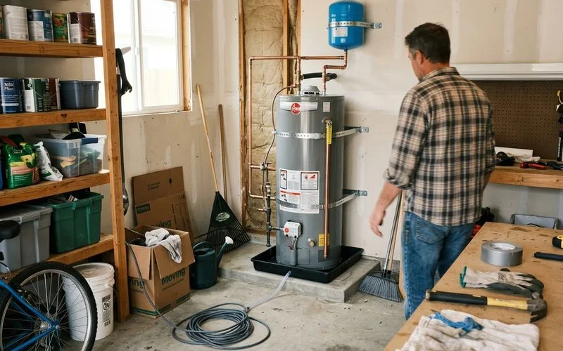 New water heater installed with clean copper connections and seismic straps