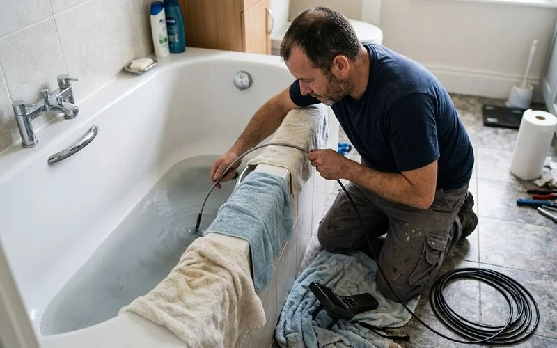 Plumber inspecting a slow-draining bathtub with a camera cable on the floor