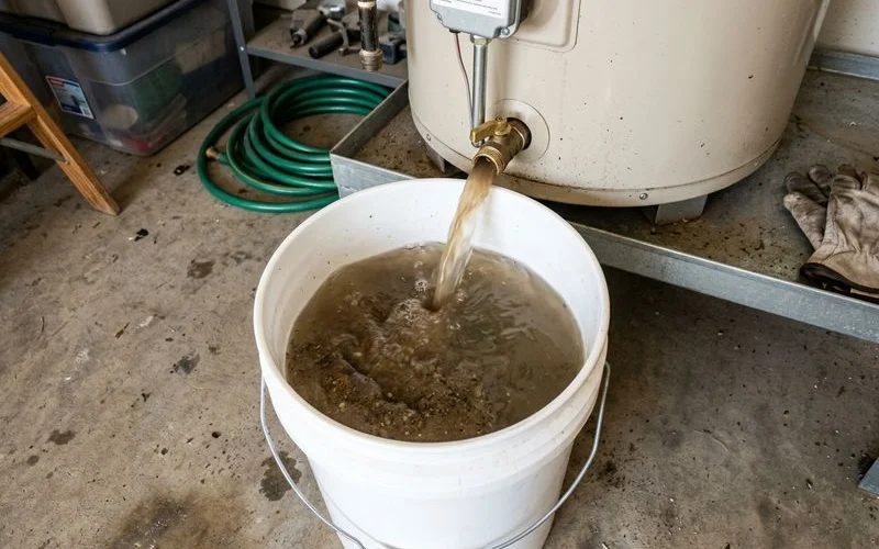 Sediment draining from a water heater drain valve into a bucket
