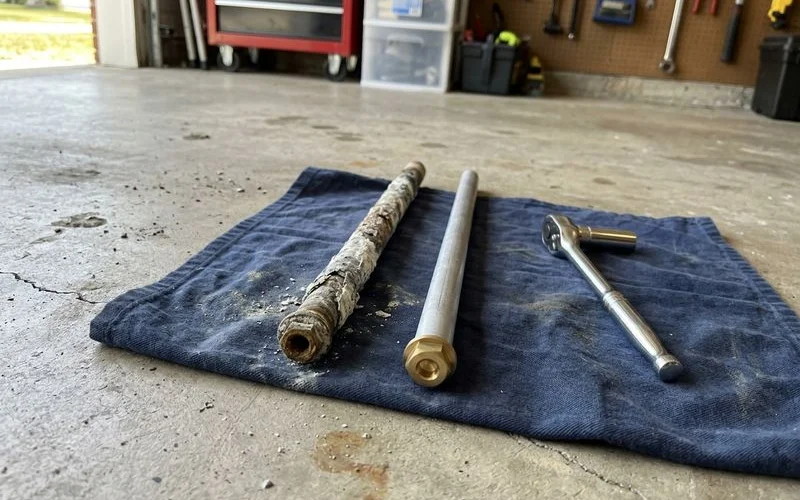 Spent anode rod worn to the core wire beside a brand new rod