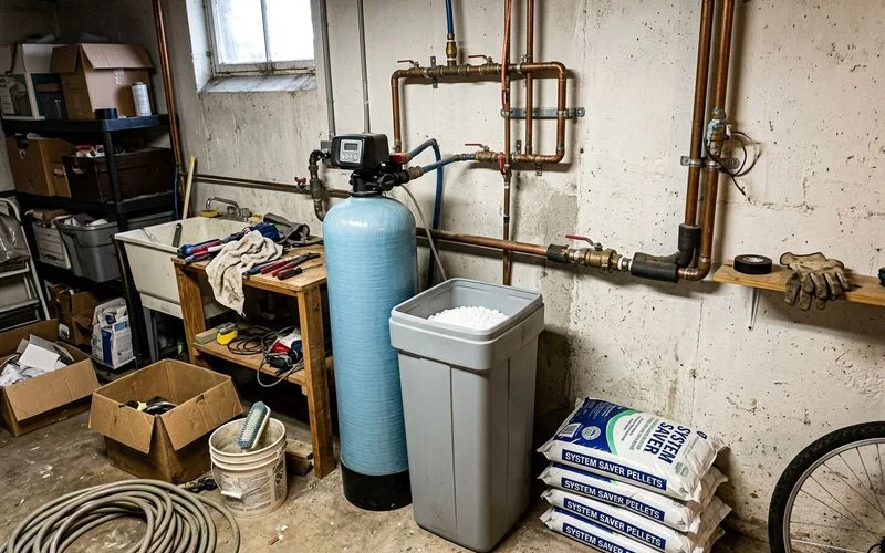 Softener resin tank and brine tank installed where water enters a home