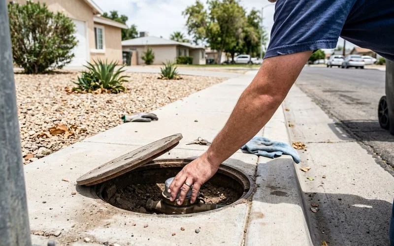 Water meter box at the curb being checked on an El Centro residential street