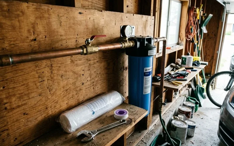 Whole-house filter housing plumbed into the main supply line on a garage wall