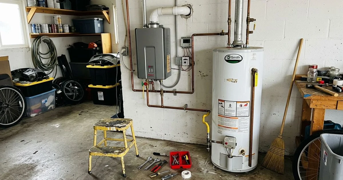 A tank water heater and a wall-mounted tankless unit side by side in a garage