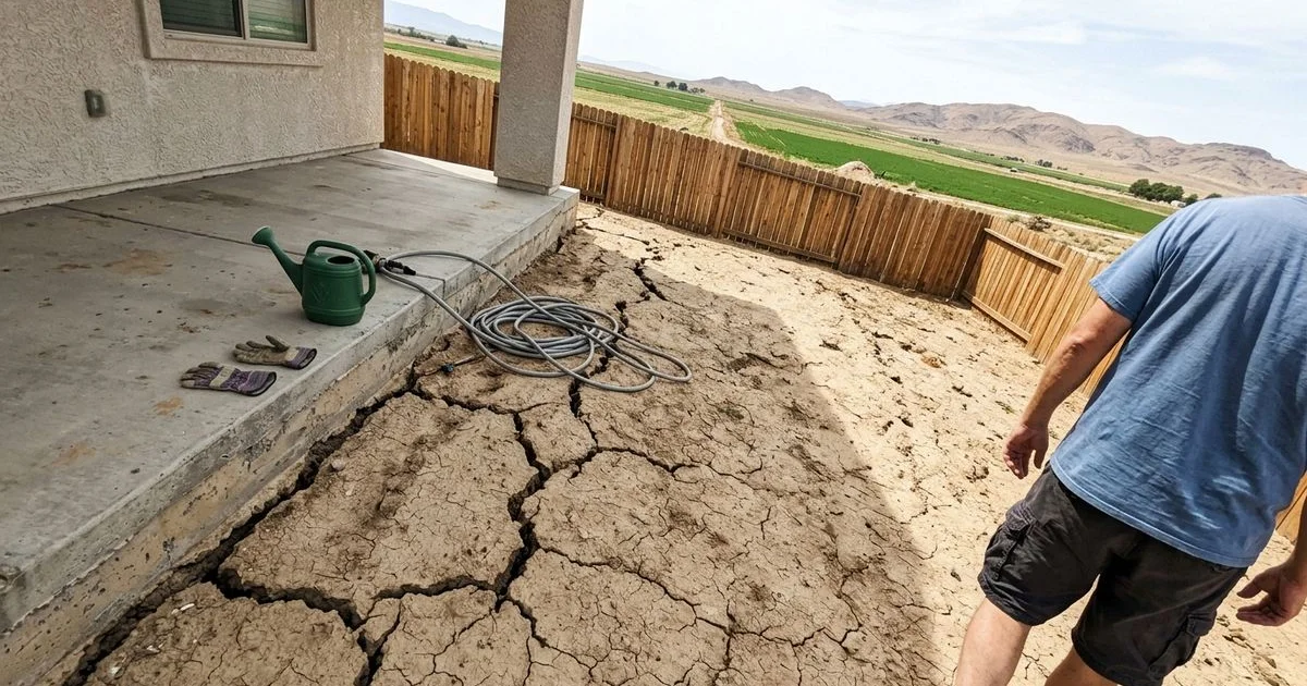 Cracked dry desert soil beside a home foundation with irrigated fields beyond