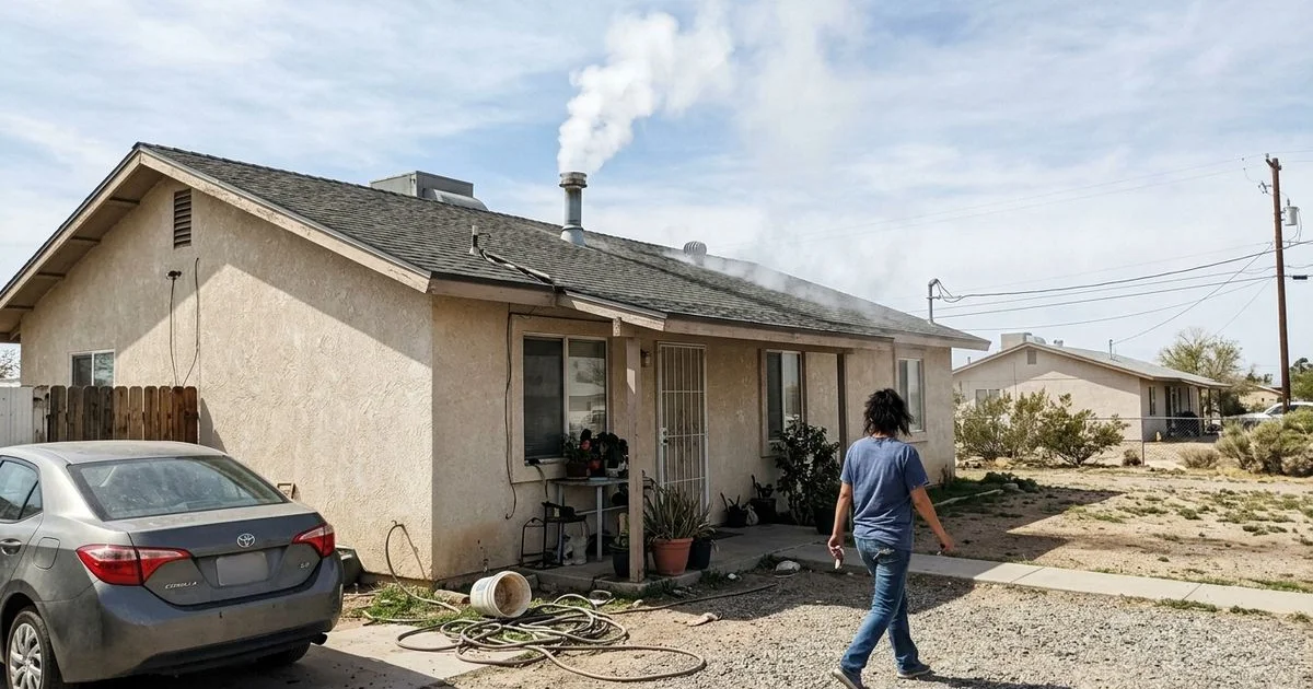 Non-toxic smoke testing fog rising from a roof vent stack on a home