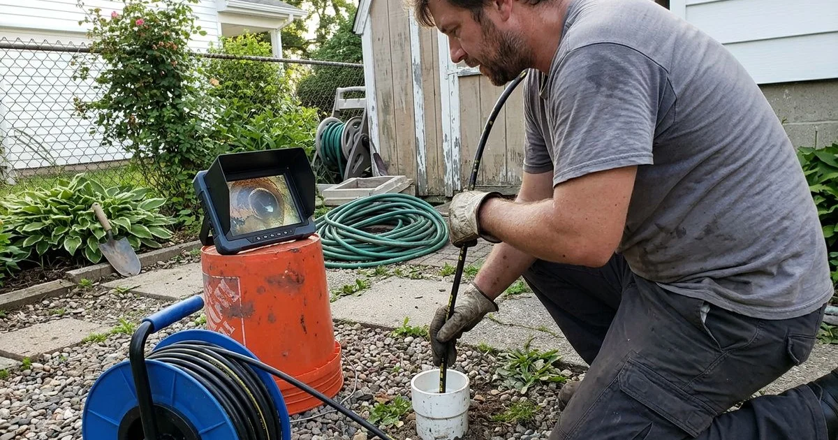 Plumber feeding a sewer camera cable into a cleanout with the monitor beside it