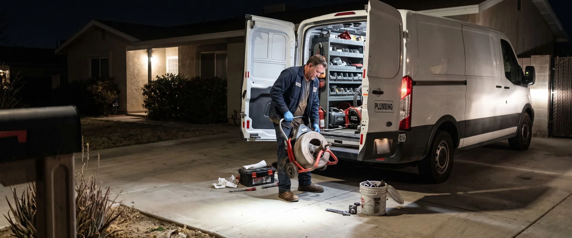 Plumber loading a drain machine into a service van after dark outside an Imperial County house