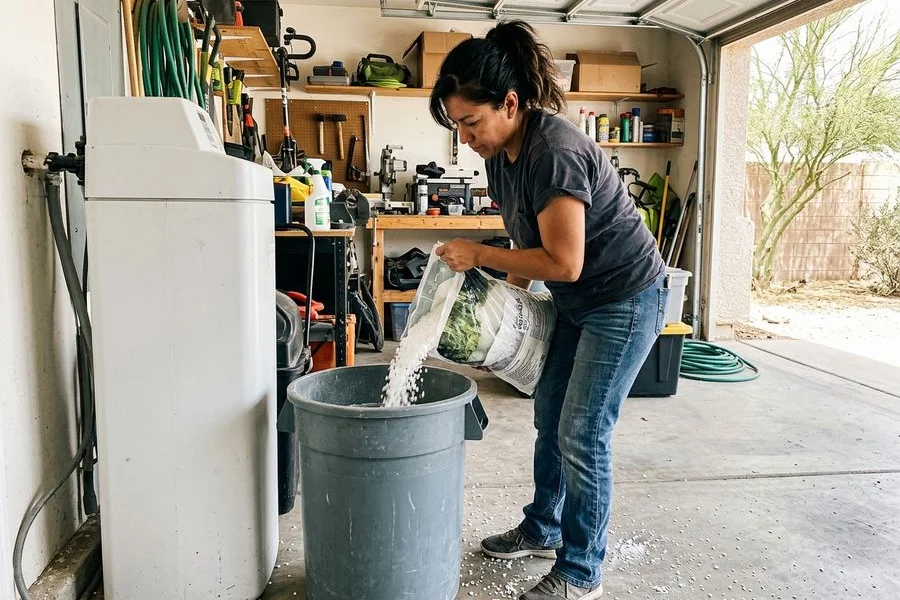 Homeowner refilling a brine tank with softener salt pellets in a garage