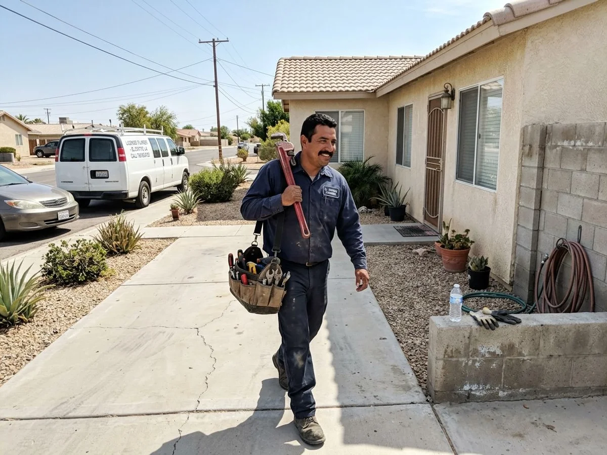 Plumber walking up the driveway of a single-story El Centro home with a pipe wrench
