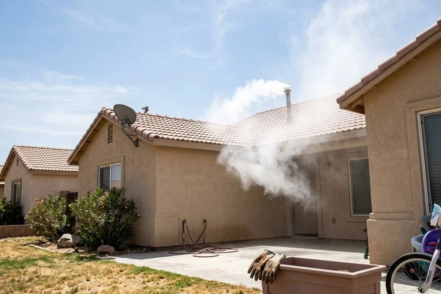 Smoke testing fog rising from a roof vent stack on a single-story home