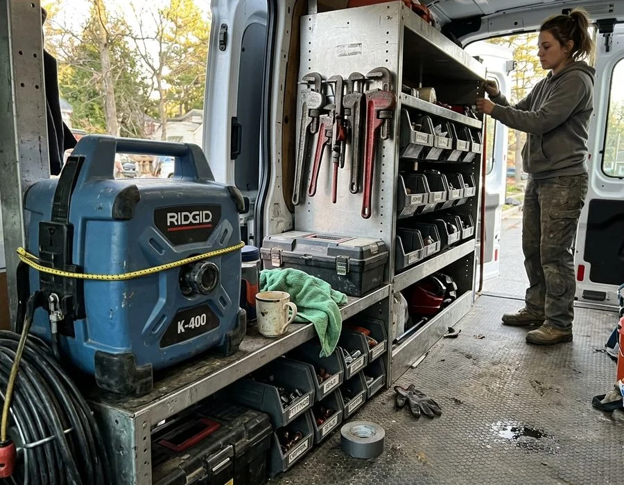 Organized service van interior with a drain cabling machine, pipe wrenches, and fittings bins
