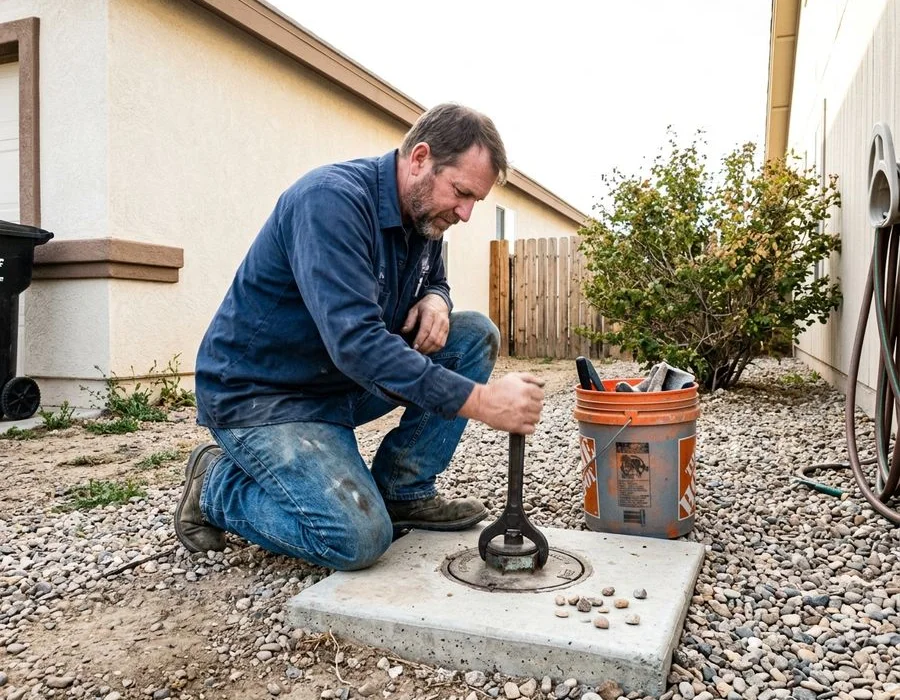 Plumber kneeling at an outdoor cleanout access point in a gravel side yard