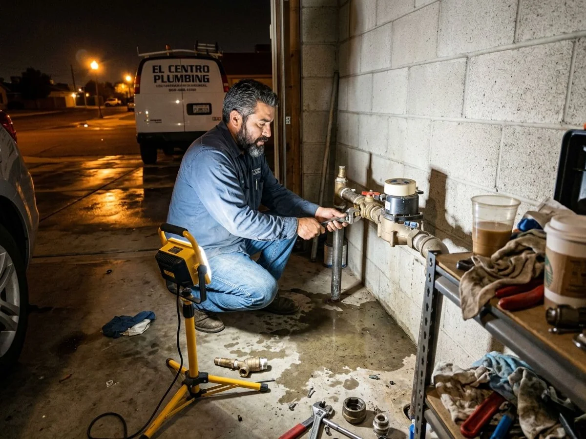 Plumber shutting off a main water valve at night in an El Centro garage