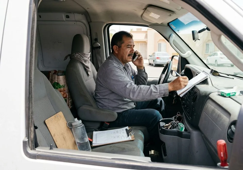 Plumber taking a phone call in the cab of a service van with a notepad on the dash