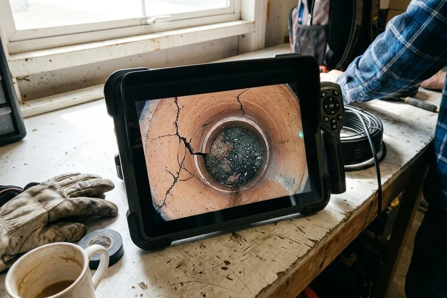 Camera inspection screen showing a cracked clay sewer lateral with an offset joint