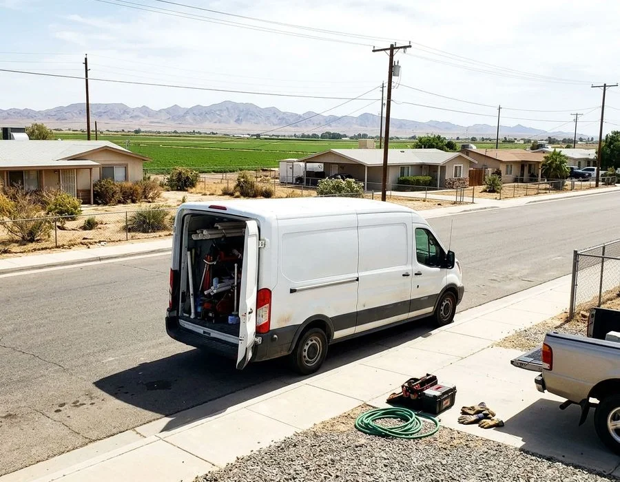 Service van parked on a wide Imperial County street with irrigated farm fields in the background
