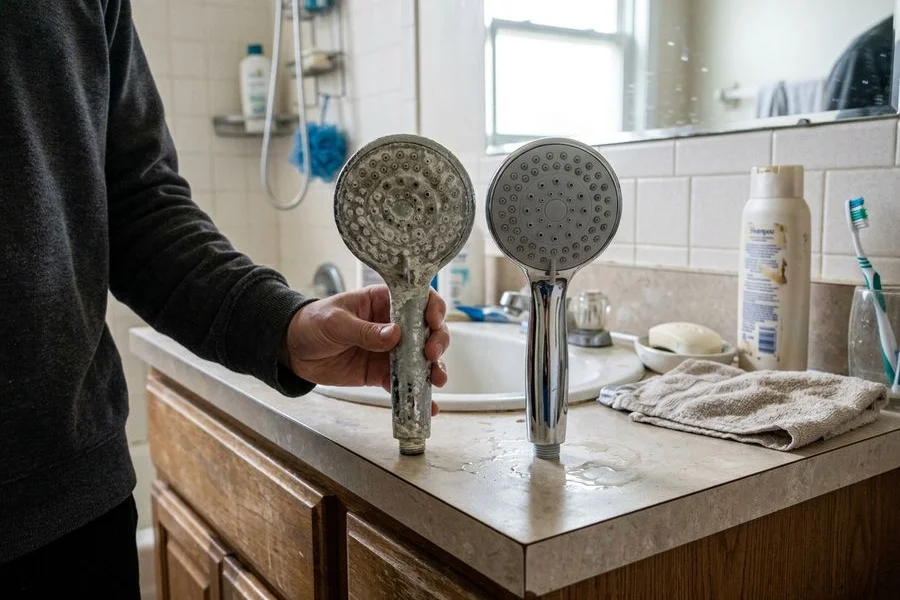 Scaled shower head next to a clean one after softening