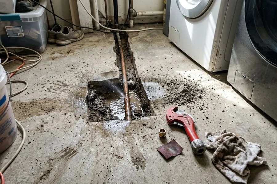 Neat access cut in a concrete slab exposing a pinhole leak in a copper line
