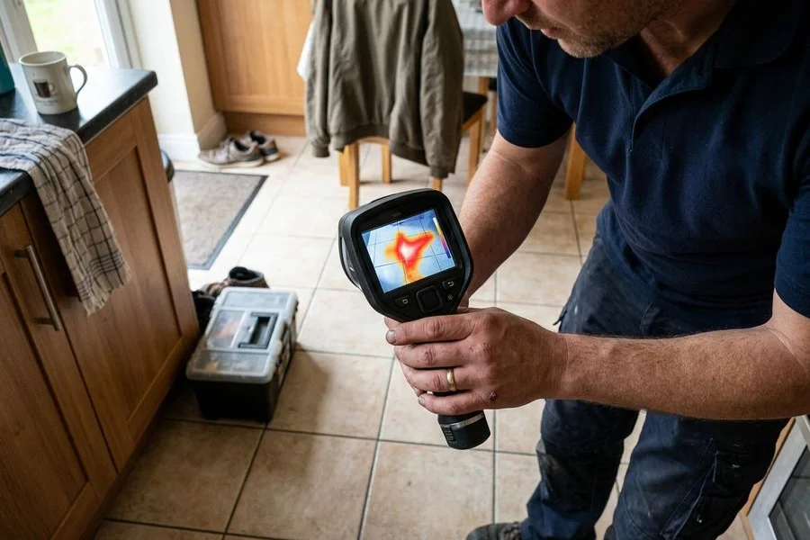 Thermal imaging camera showing the heat signature of a slab leak under a tile floor